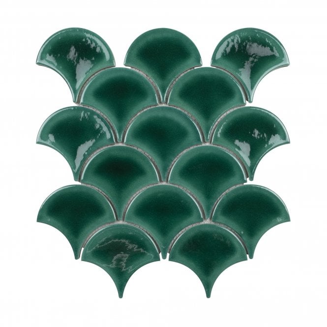 Bottle Green Crackle 27.3cm x 25.9cm Fan Mosaic Tile