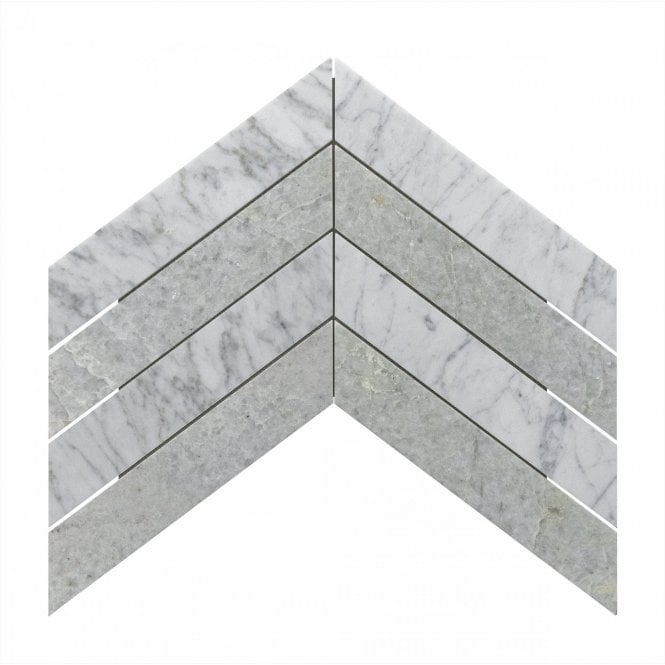 Carrara & Forest Green Honed Marble 26.2cm x 43.1cm Chevron Mosaic Tile