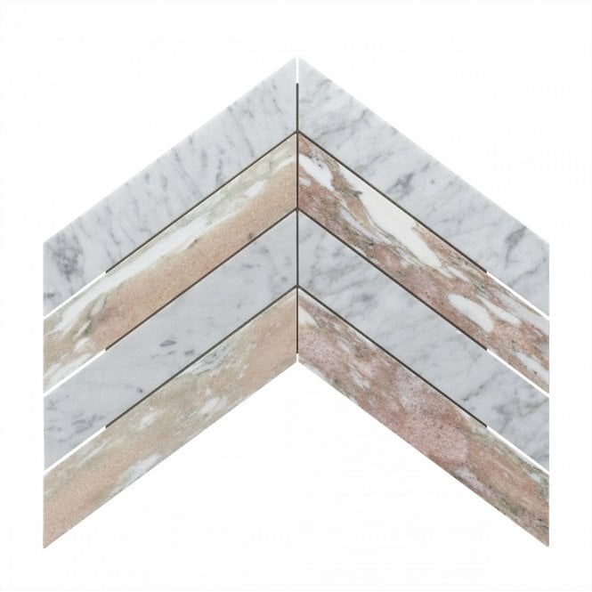 Carrara & Norwegian Rose Honed Marble 26.2cm x 43.1cm Chevron Mosaic Tile