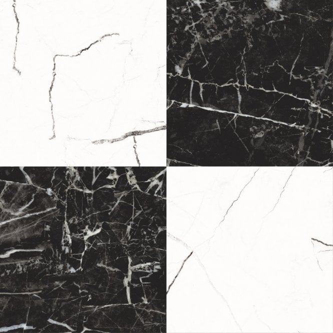 Darwin Black and White Marble Effect Pre-Cut 45cm x 45cm Wall and Floor Tile