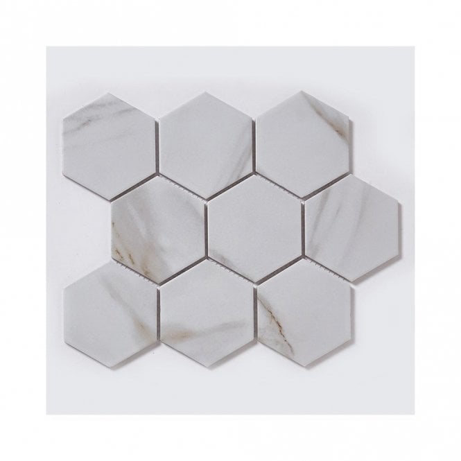 Hexagon Calacatta Matt (9.5cm x 9.5cm) 25.6cm x 19.7cm Mosaic Tile