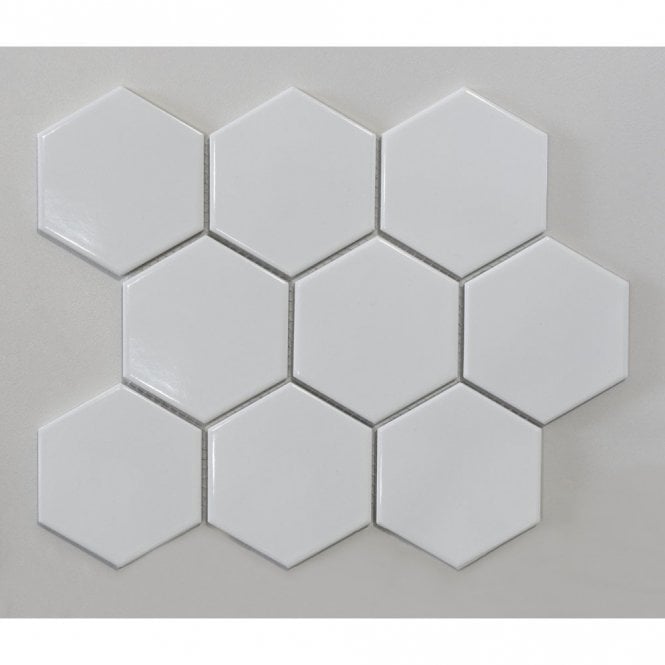 Hexagon Gloss White Mosaic (9.5cm x 9.5cm) 25.6cm x 19.7cm Wall & Floor Tile