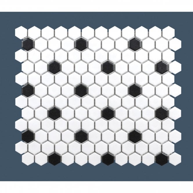 Hexagon Matt White & Black (2.3cm x 2.3cm) 30cm x 26cm Mosaic Tile