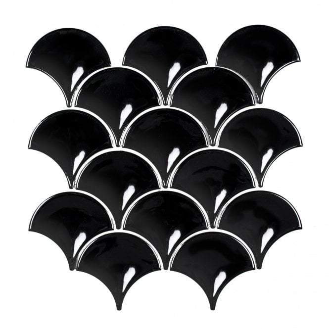 Midnight Black Gloss 27.3cm x 25.9cm Fan Mosaic Tile