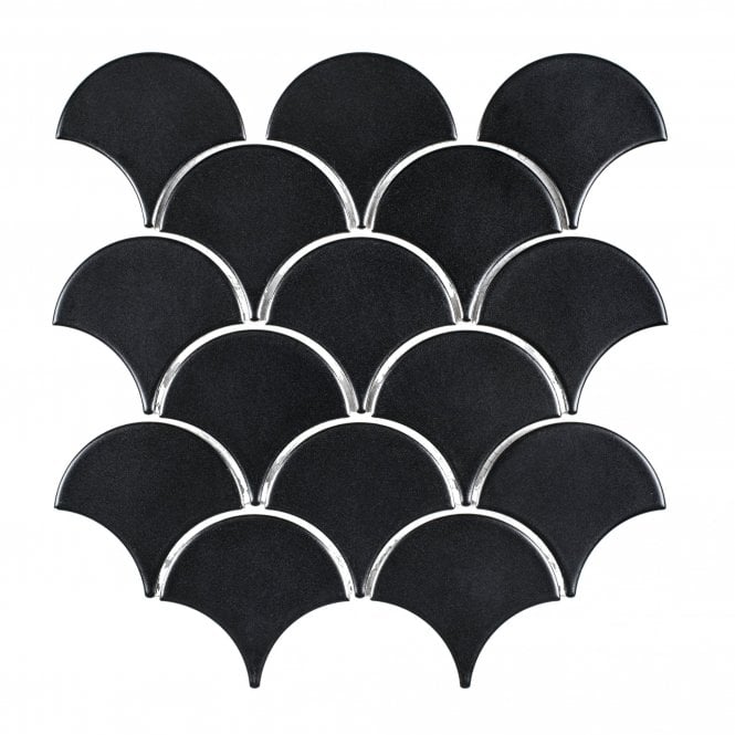 Midnight Black Matt 27.3cm x 25.9cm Fan Mosaic Tile
